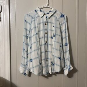 Free People Window To My Heart Buttondown Shirt Top Small Windowpane Blue